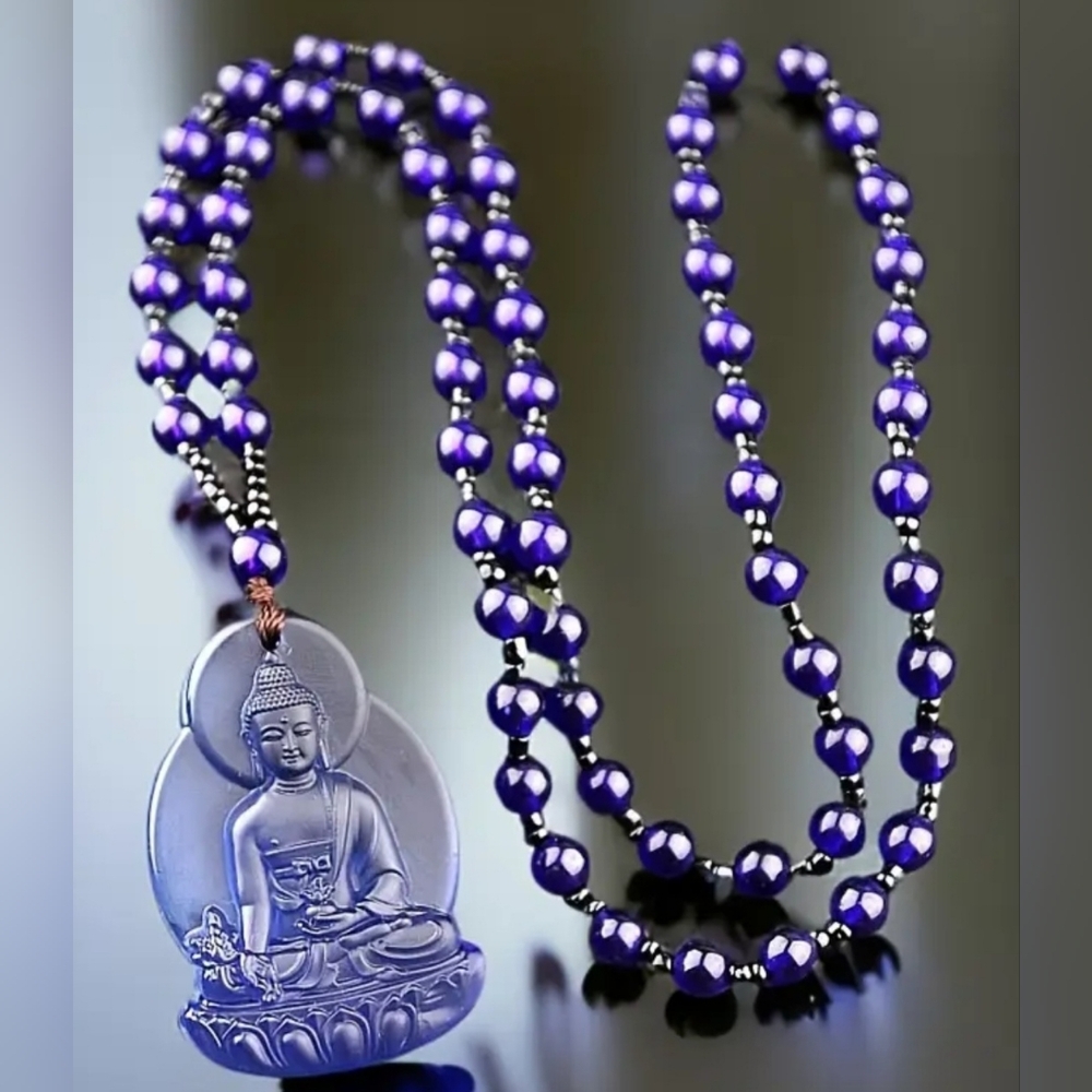 Spiritual Tribal Style Buddha Blue Glass Necklace Pendant - Picture 2 of 8